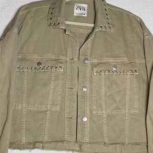 Zara tan denim jacket trendy rocker metal embellished grunge gothcore different